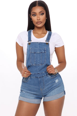 Waitin' On You Distressed Denim Shortalls - Medium Blue Wash