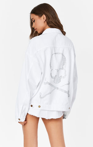 WHITE RHINESTONE SKULL AUDREY DENIM JACKET