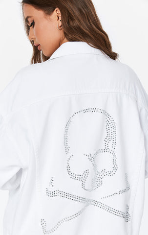 WHITE RHINESTONE SKULL AUDREY DENIM JACKET