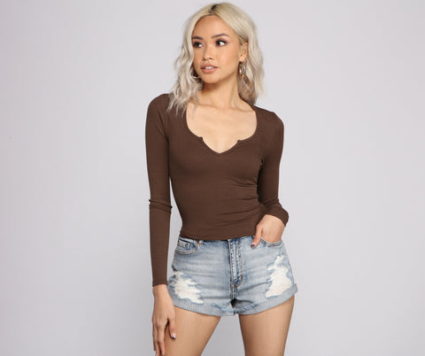 So Basic Notched Ribbed Knit Top