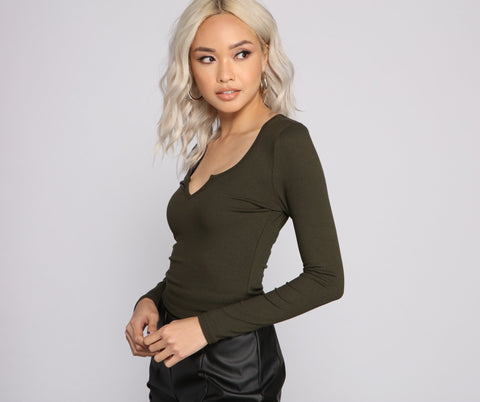 So Basic Notched Ribbed Knit Top