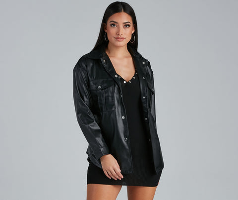 Sleek Trends Faux Leather Tie-Waist Shacket