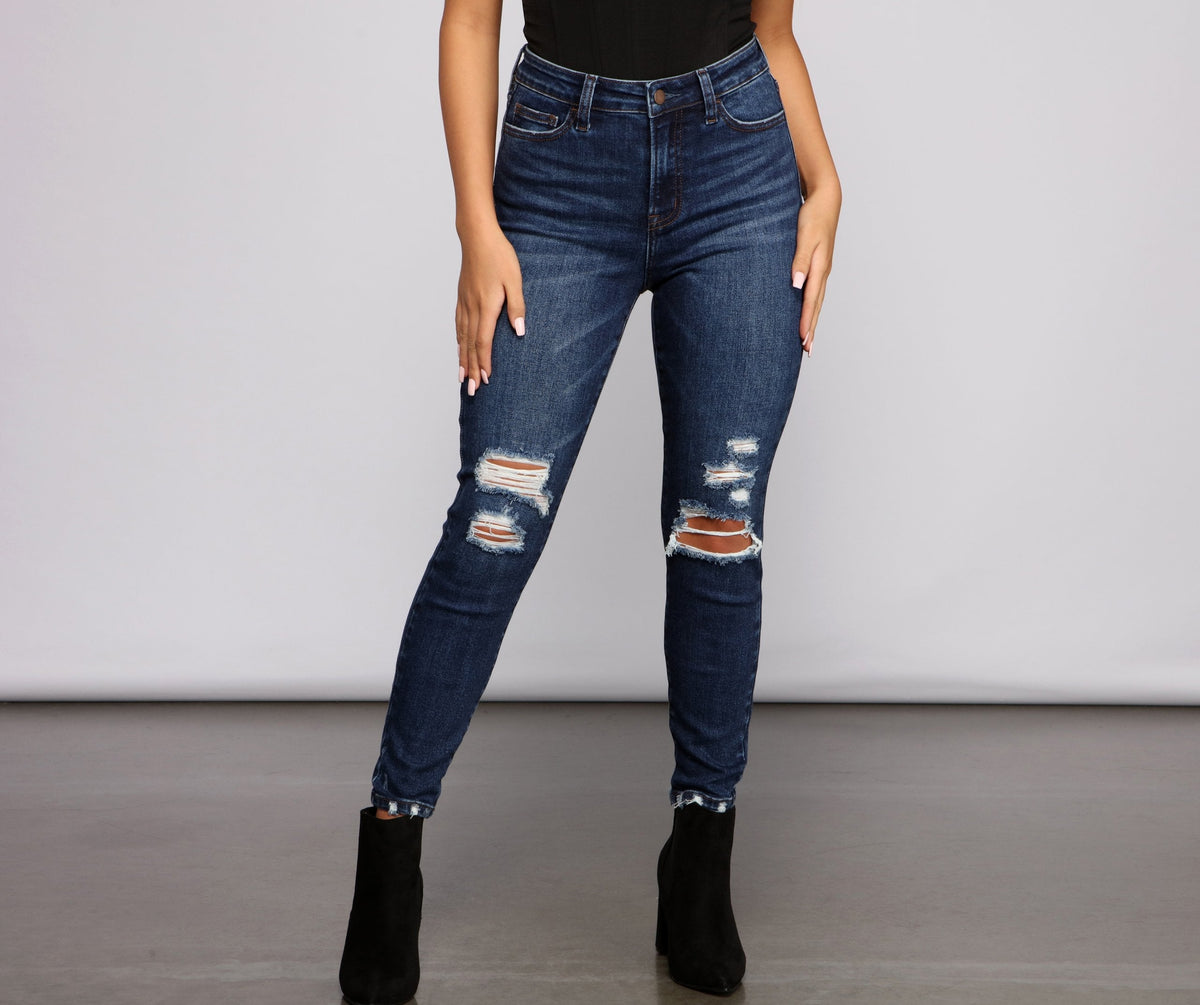 Jean skinny taille extra haute et effet usé