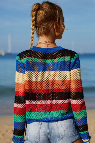 Rainbow Stripe Openwork Long Sleeve Cover Up