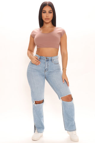 What The Split Ripped Straight Leg Jeans - Light Blue Wash