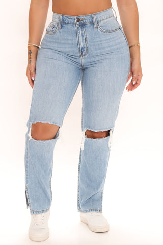 What The Split Ripped Straight Leg Jeans - Light Blue Wash