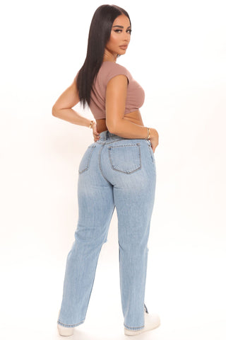 What The Split Ripped Straight Leg Jeans - Light Blue Wash