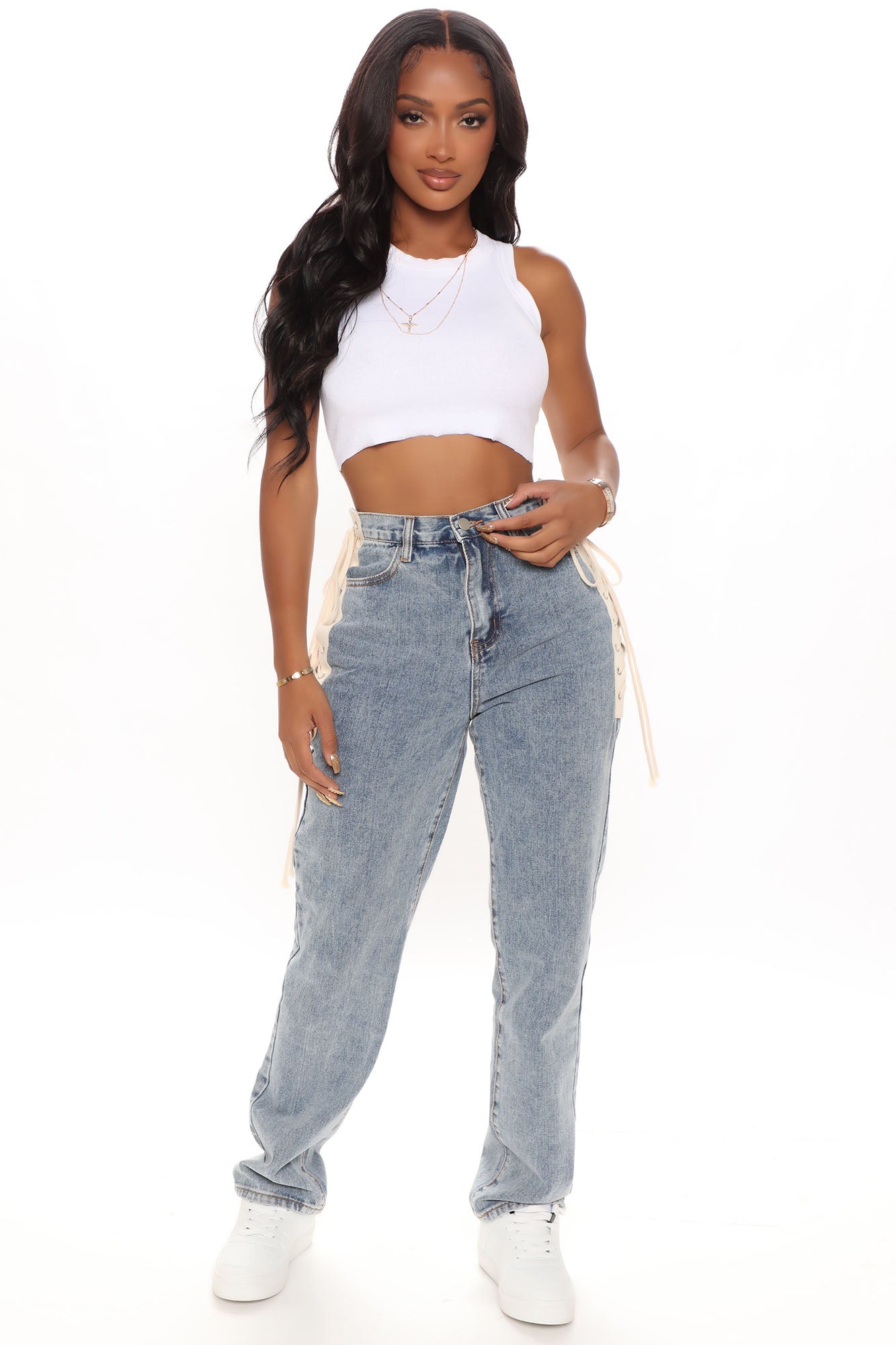 South Beach Lace Up Boyfriend Jeans - Medium Blue Wash