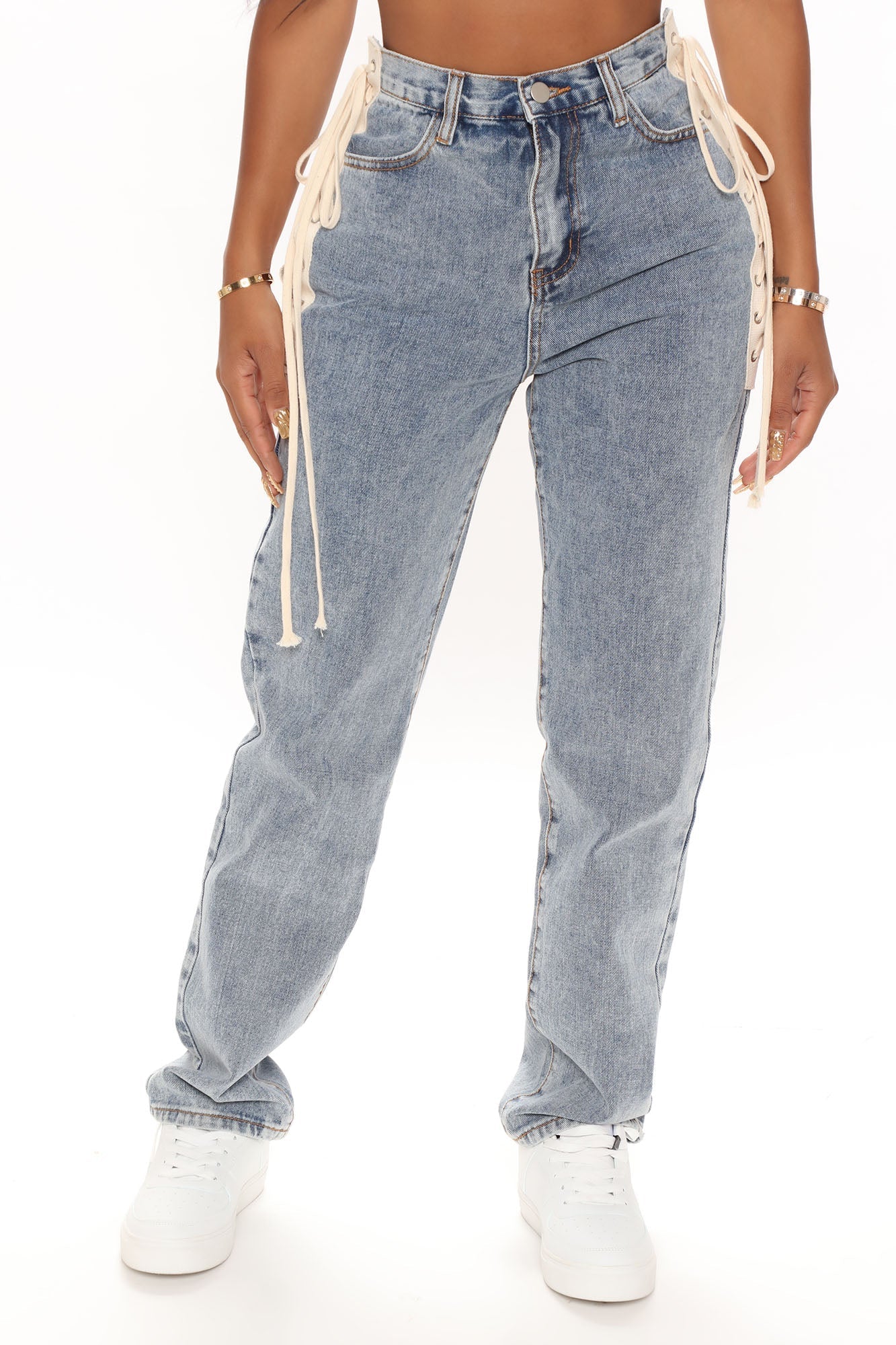 South Beach Lace Up Boyfriend Jeans - Medium Blue Wash
