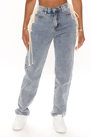 South Beach Lace Up Boyfriend Jeans - Medium Blue Wash