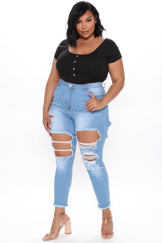 Talk Of The Town Distressed Skinny Jeans - Light Blue Wash