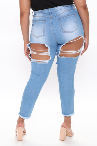 Talk Of The Town Distressed Skinny Jeans - Light Blue Wash