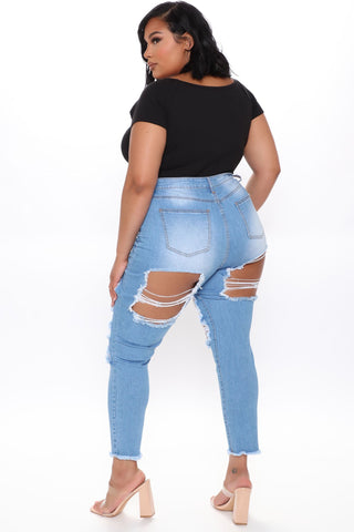 Talk Of The Town Distressed Skinny Jeans - Light Blue Wash