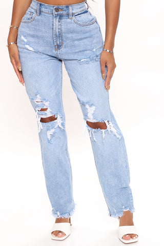 Whatever Is Clever Ripped 90's Boyfriend Jeans - Medium Blue Wash