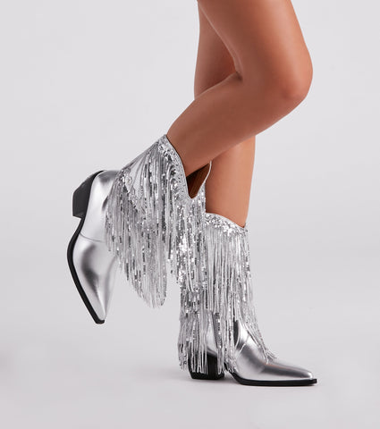 Sparkly Vibes – Cowboystiefel mit metallischen Fransen