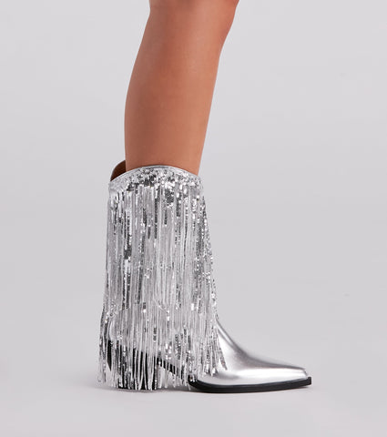 Sparkly Vibes – Cowboystiefel mit metallischen Fransen