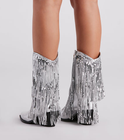 Sparkly Vibes – Cowboystiefel mit metallischen Fransen