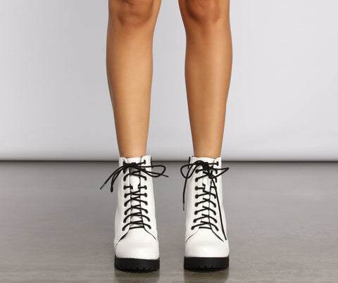 Faux Leather Lace Up Lug Booties