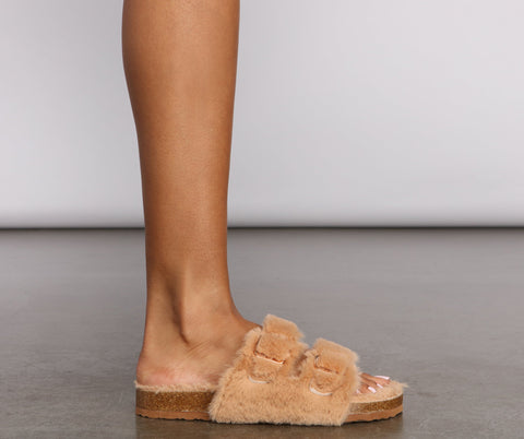 Double Buckle Faux Fur Slippers