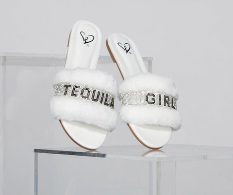 Rhinestone Tequila Girl Fluffy Slide Sandals