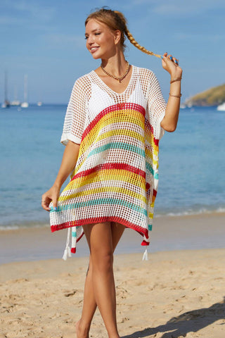 Rainbow Stripe Openwork Slit Cover Up