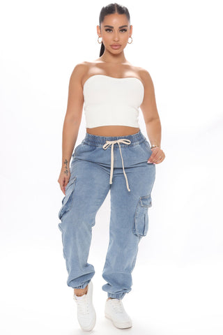 Take A Break Relaxed Denim Joggers - Medium Blue Wash