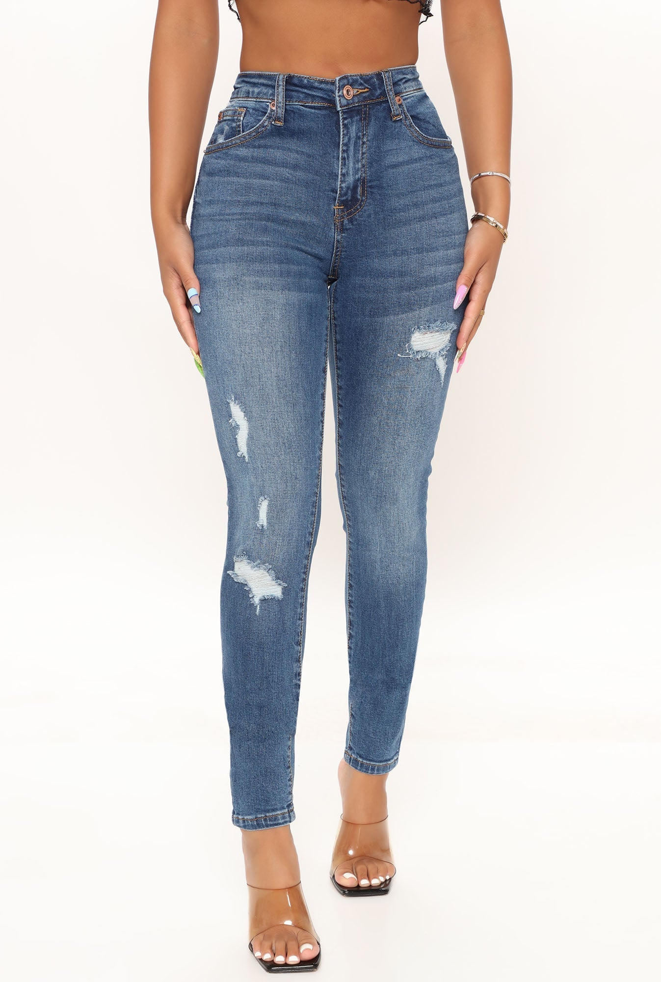 Tabitha Mid Rise Ripped Skinny Jeans - Medium Blue Wash