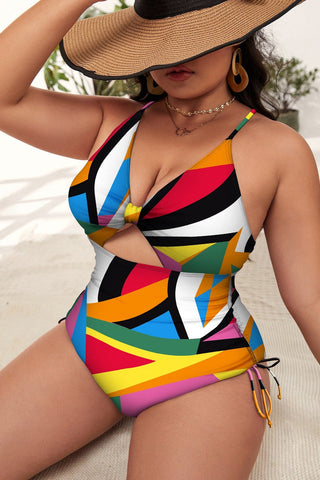 (XL-4XL) Floral Print Cutout One Piece Swimsuit