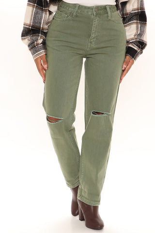 Symbol Of Victory Ripped Mom Jeans - Olive