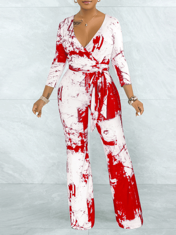 Tie-Dye V-Neck Long Sleeve Belt Wide Leg Jumpsuit