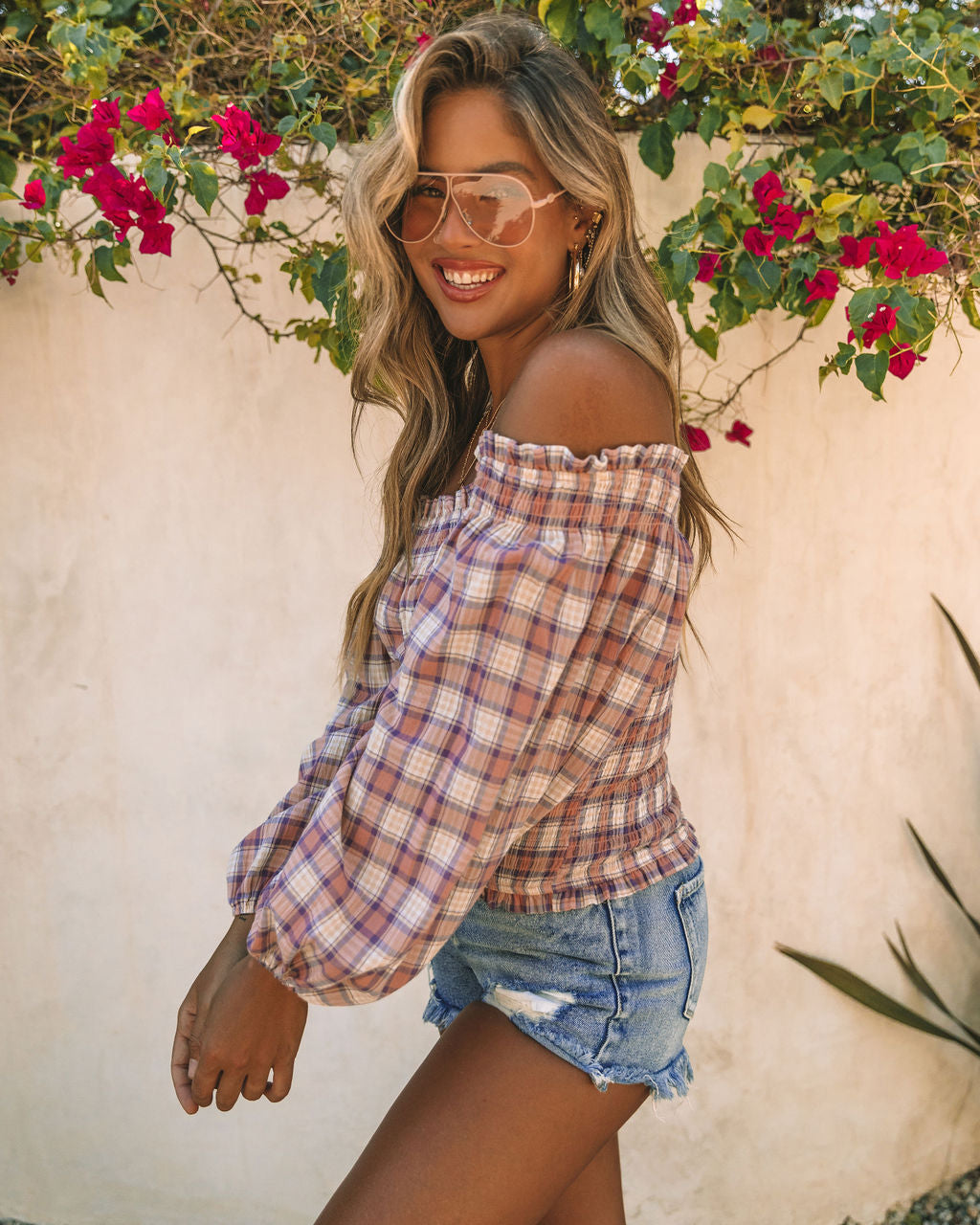 Stockholm Cotton Plaid Off The Shoulder Top