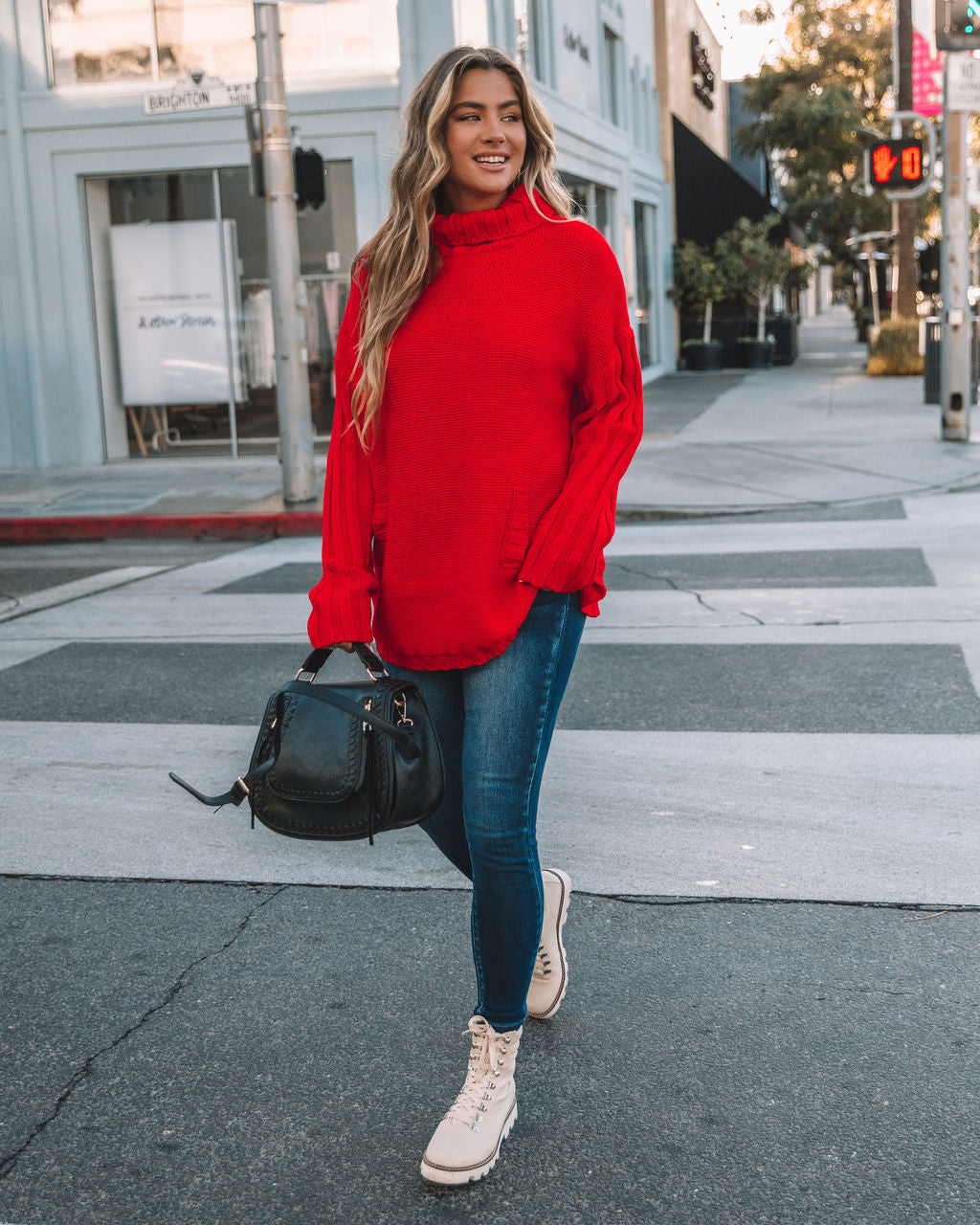 Veyda Ribbed Turtleneck Knit Sweater - Red