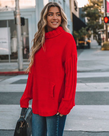 Veyda Ribbed Turtleneck Knit Sweater - Red