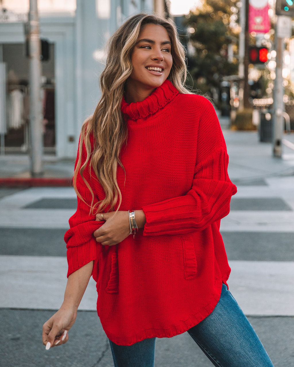 Veyda Ribbed Turtleneck Knit Sweater - Red - FINAL SALE