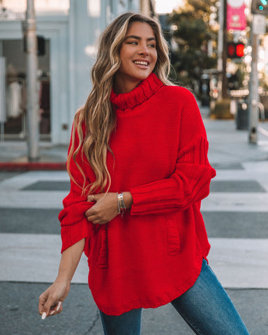 Veyda Ribbed Turtleneck Knit Sweater - Red