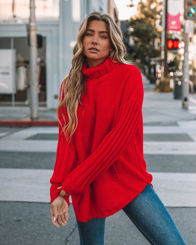 Veyda Ribbed Turtleneck Knit Sweater - Red