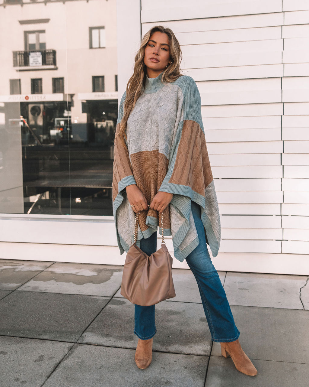 Whispers Of Winter Colorblock Cable Knit Poncho