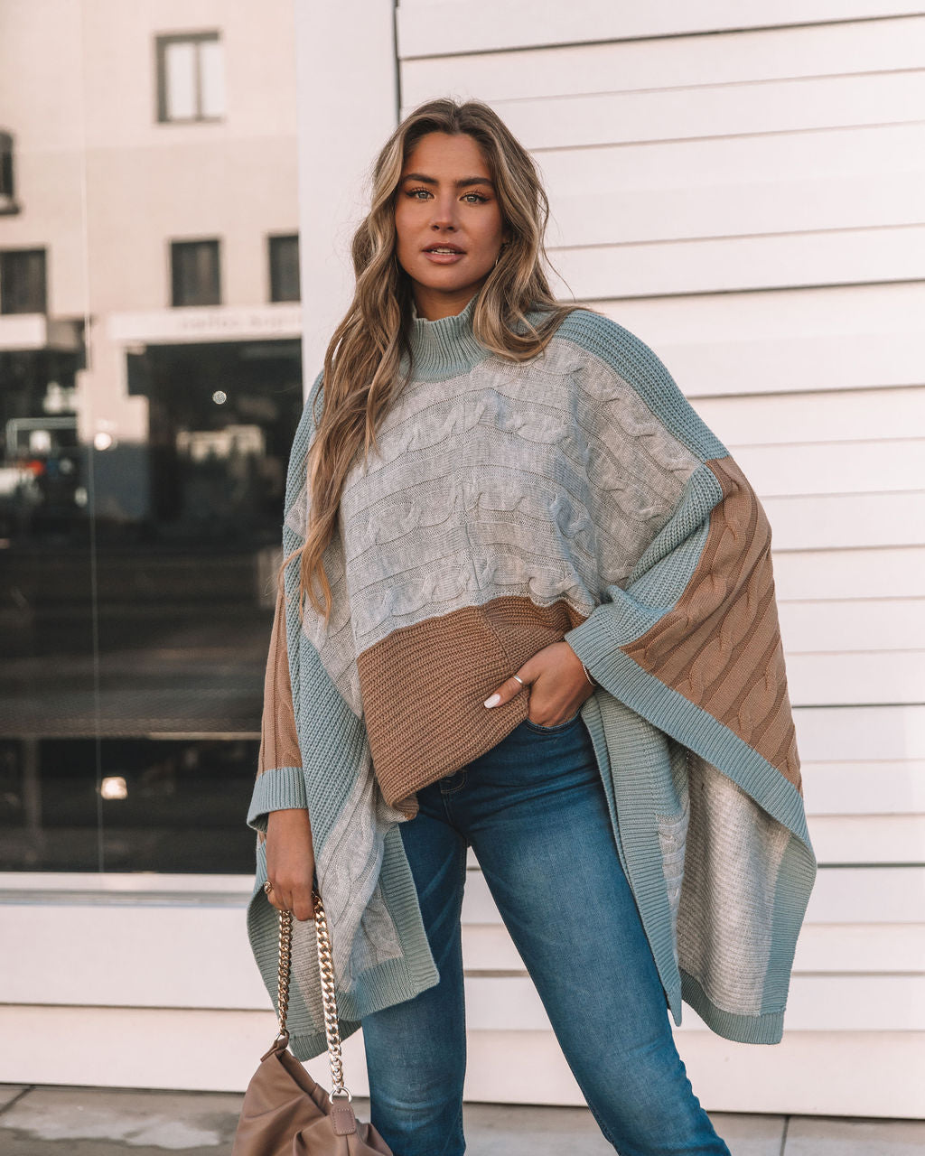 Whispers Of Winter Colorblock Cable Knit Poncho