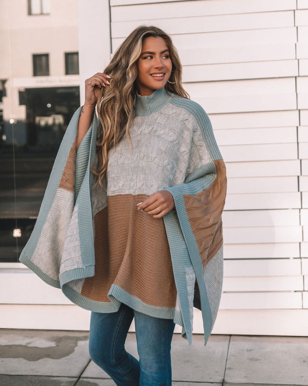 Whispers Of Winter Colorblock Cable Knit Poncho