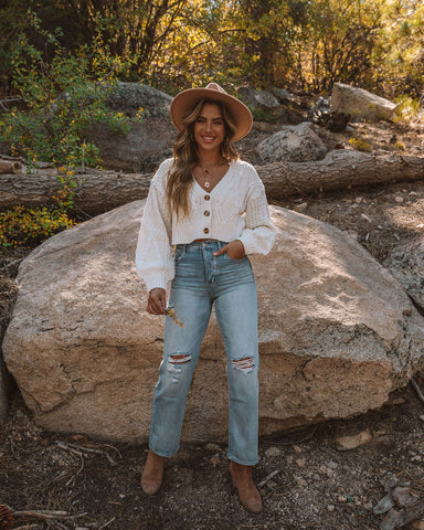 Tyler Button Front Chenille Crop Cardigan - Ivory