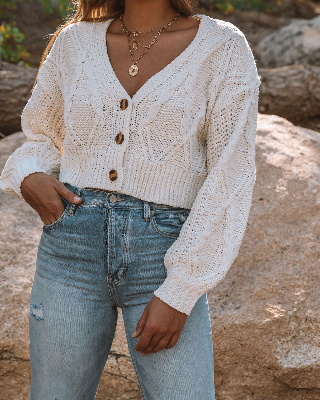 Tyler Button Front Chenille Crop Cardigan - Ivory