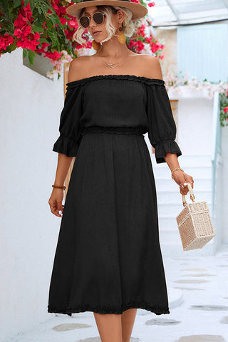 Solid Color Off The Shoulder Frill Casual Dress