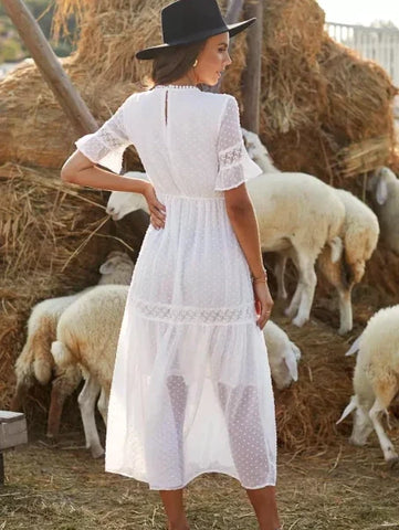 Swiss Dot Lace Trim Maxi Dress