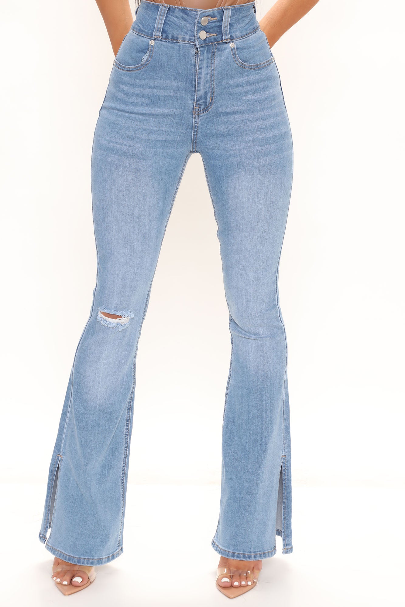 That's Hot Sculpting Split Hem Flare Jeans - Light Blue Wash