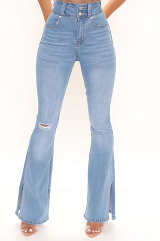 That's Hot Sculpting Split Hem Flare Jeans - Light Blue Wash