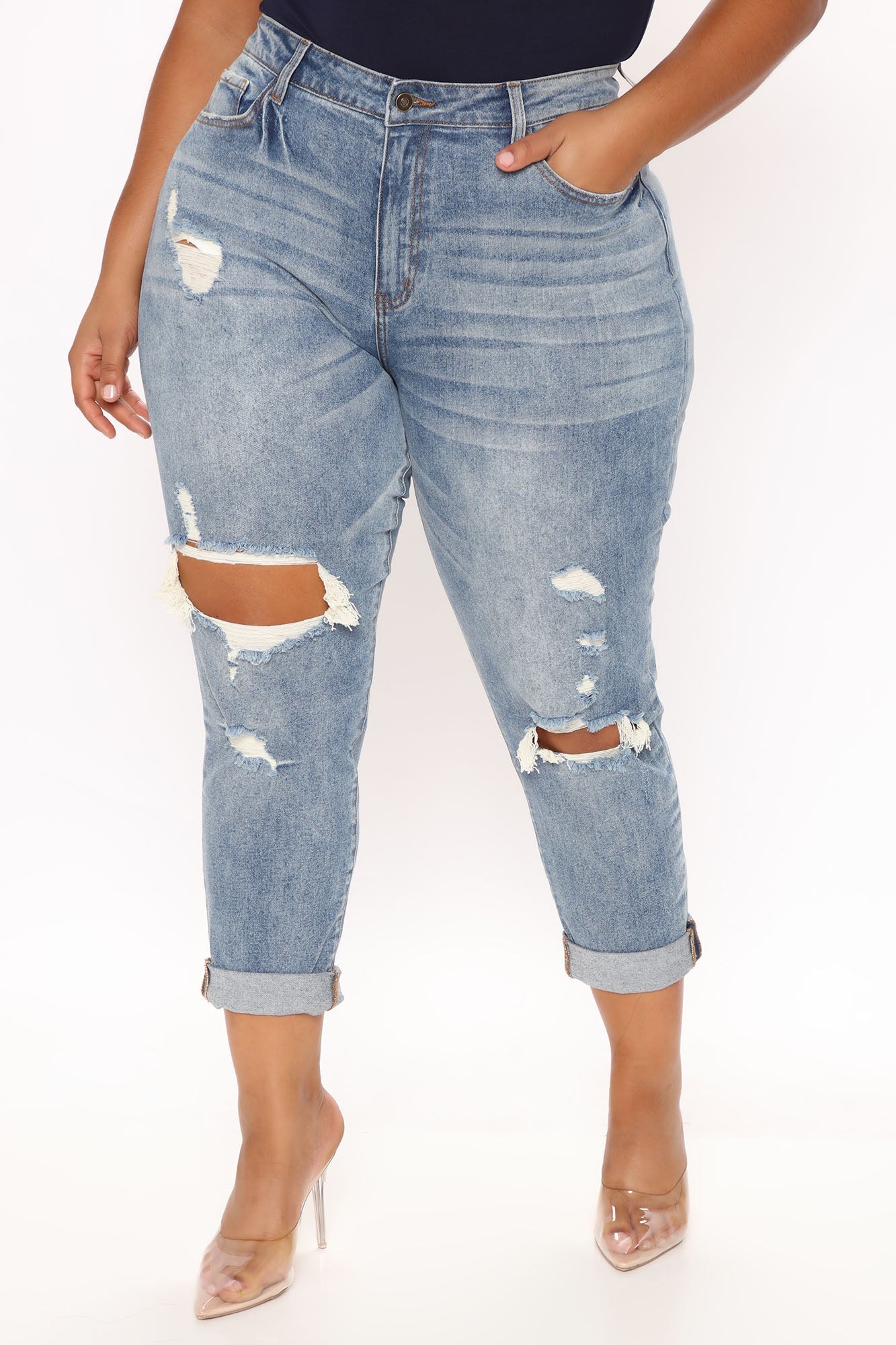 Teisha Distressed Boyfriend Jeans - Medium Blue Wash