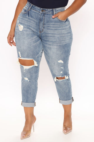 Teisha Distressed Boyfriend Jeans - Medium Blue Wash