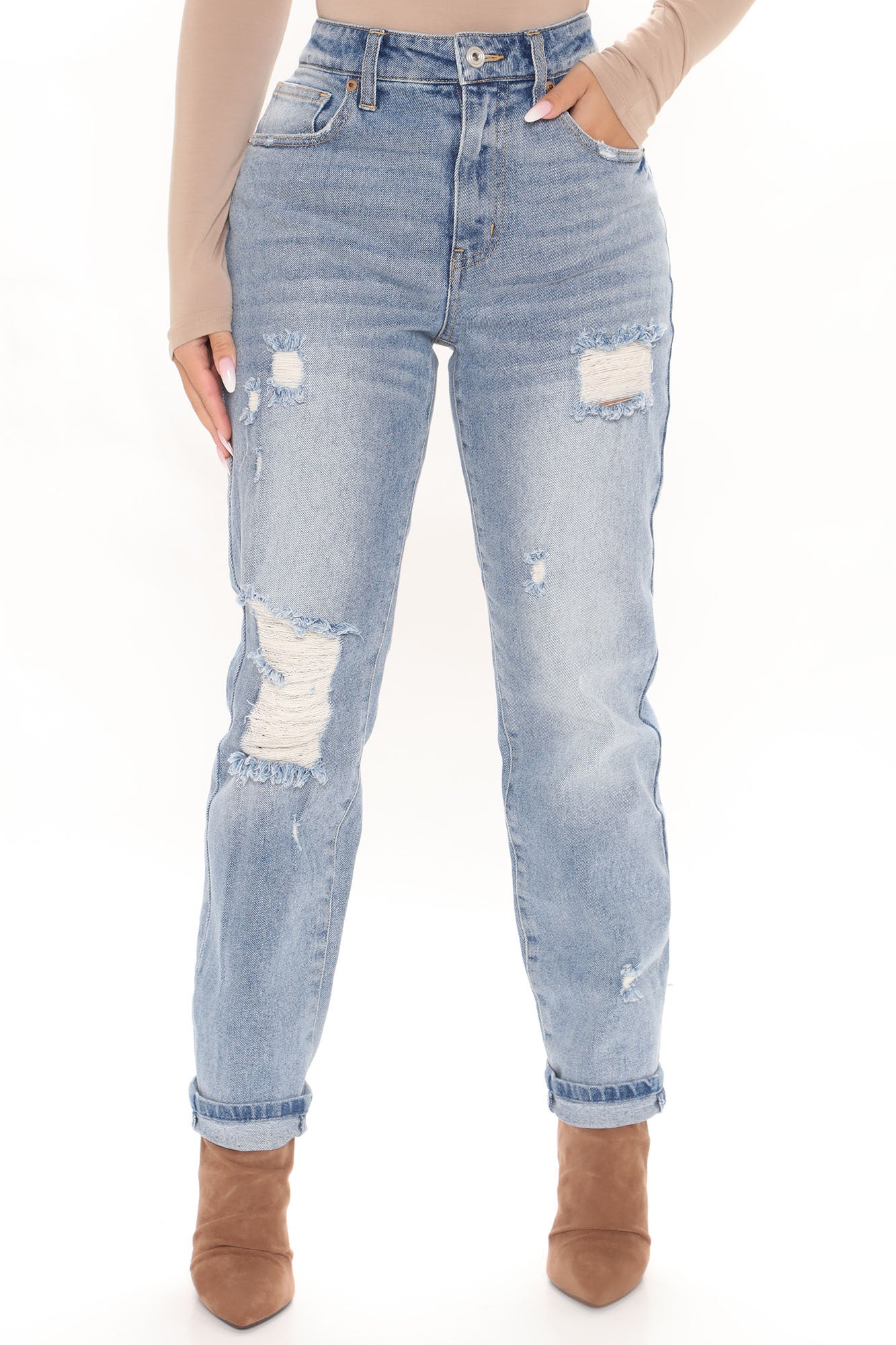 Your Other Boyfriend Distressed High Rise Jeans - Medium Blue Wash