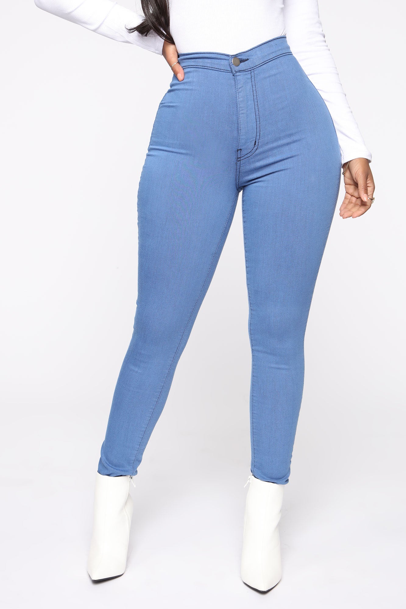 Super High Waist Denim Skinnies - Medium Blue