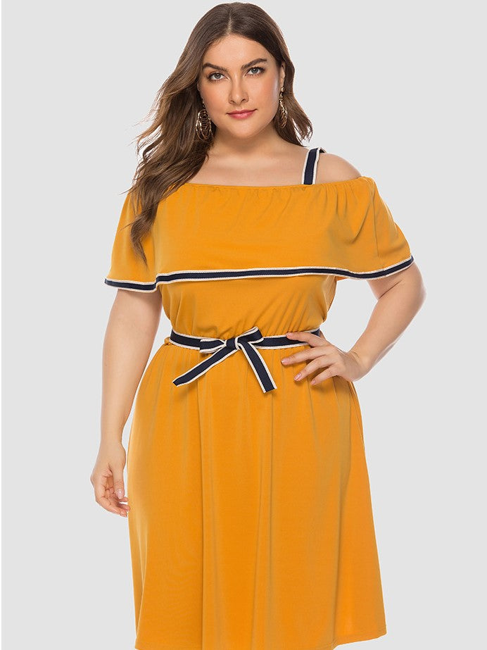 Solid Color Waist Short Sleeve Sling Dress